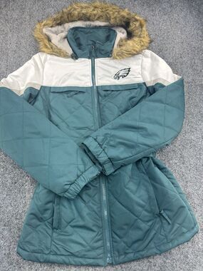 Philadelphia Eagles Women's Puffer Jacket Size S Green NFL Team Apparel Hooded